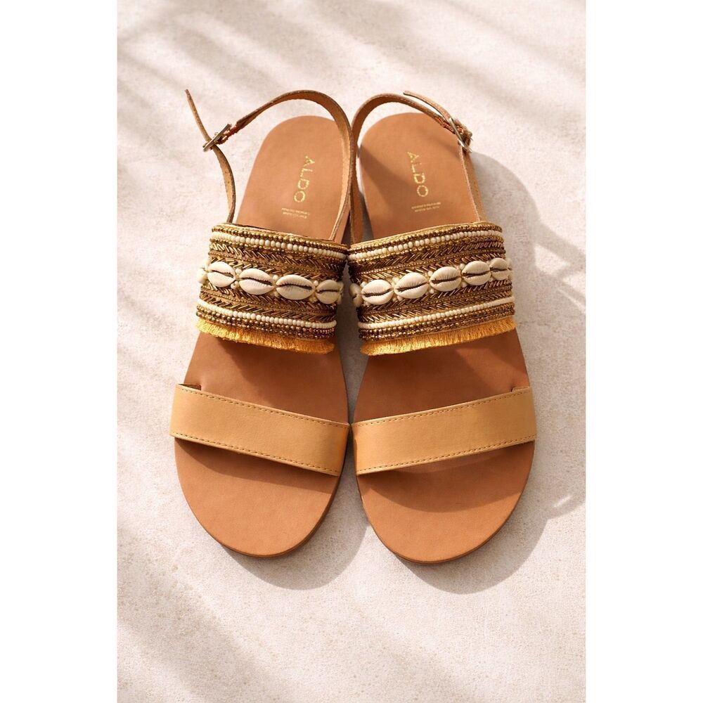 Aldo Boho Beaded Shell Sandals Size 9 Leather Gold Embellished Festival Summer